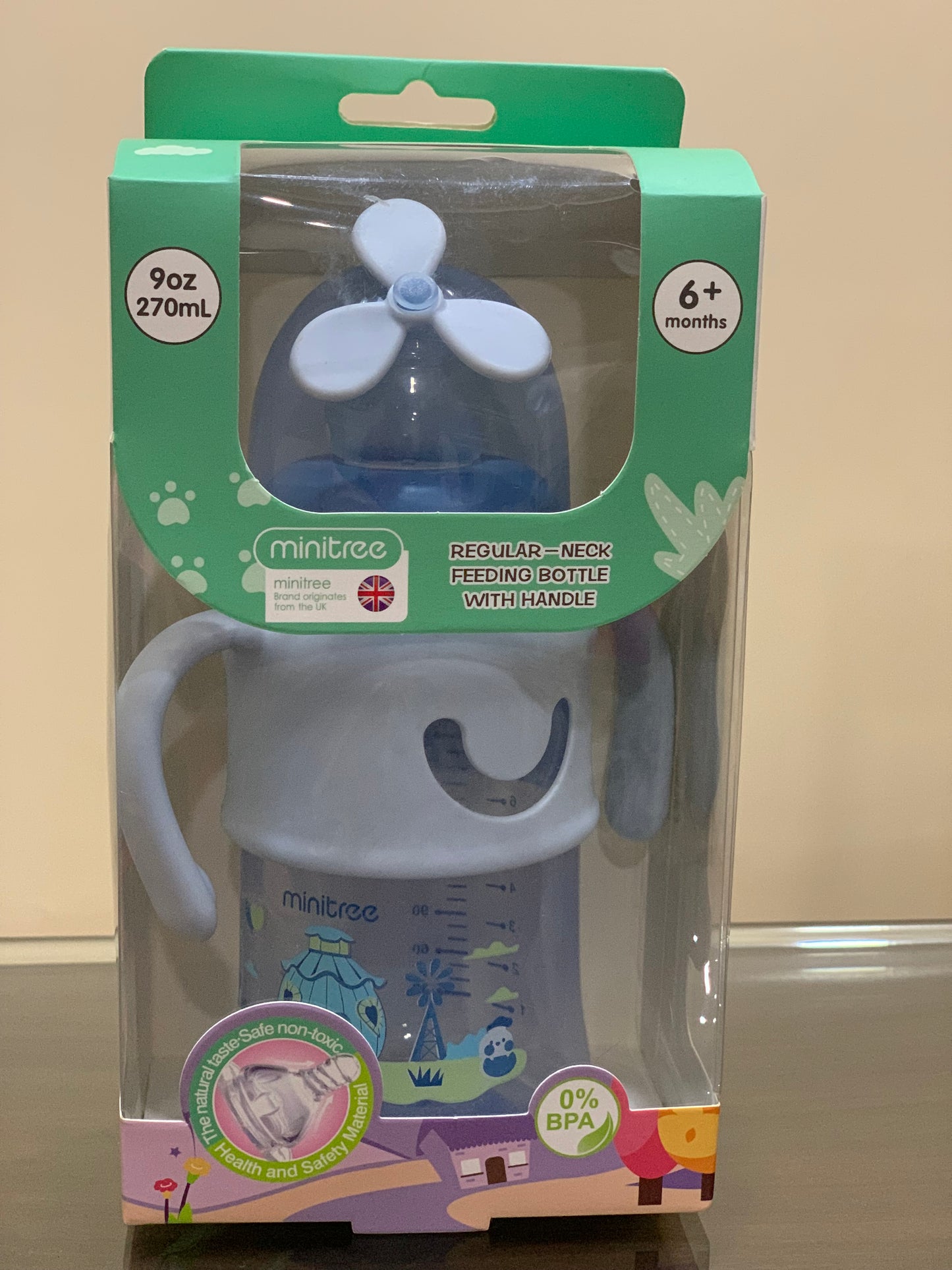 Minitree regular neck feeding bottle with handle 270ml/9oz (6months+)