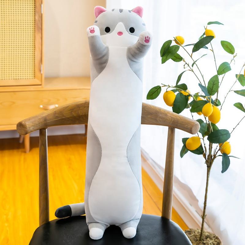 Super soft long Cat plush and pillow- Grey and pink -45cm