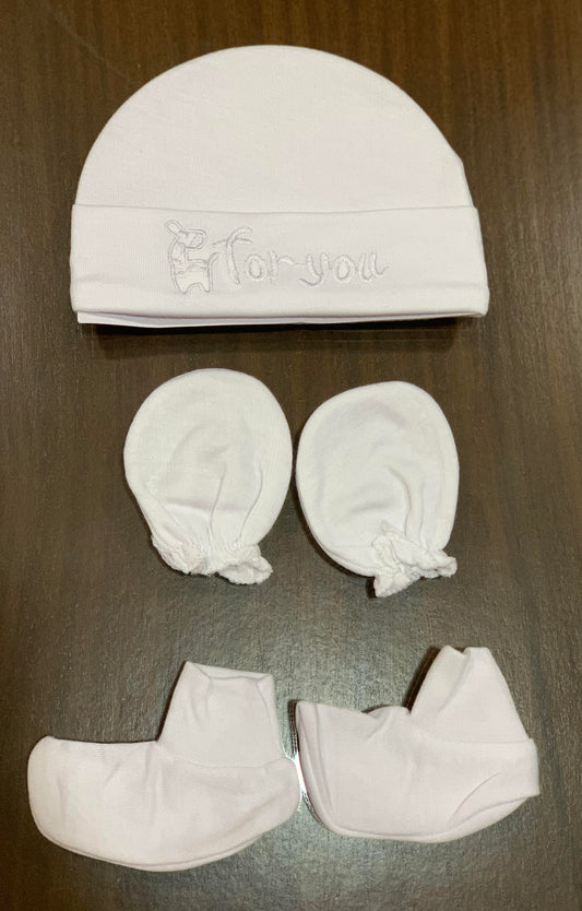 Newborn baby cap with mittens & booties set white 0-3 months