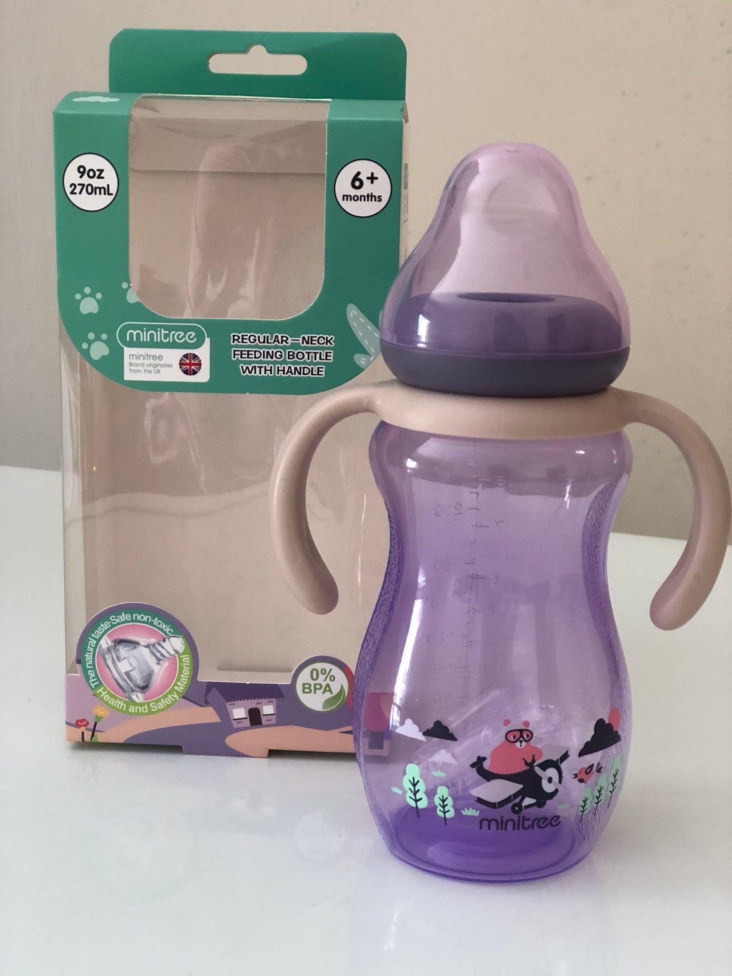 Minitree regular neck feeding bottle with handle 270ml/9oz (6months+)